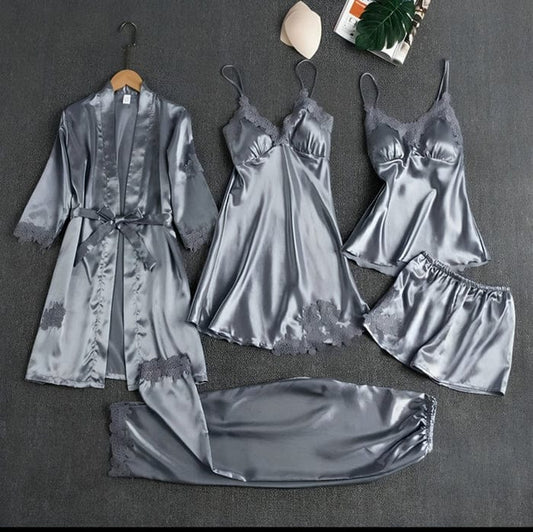5-Piece Silk Nightwear Set for Women – Light Gray