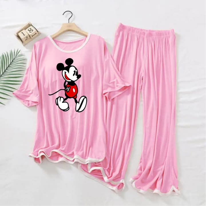 Contrast Tape-Style Logo-Printed 2-Pcs Lounge And Night Wear Suit>Pink Mickey Mouse