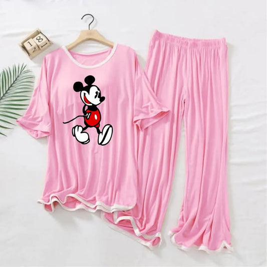 Contrast Tape-Style Logo-Printed 2-Pcs Lounge And Night Wear Suit>Pink Mickey Mouse
