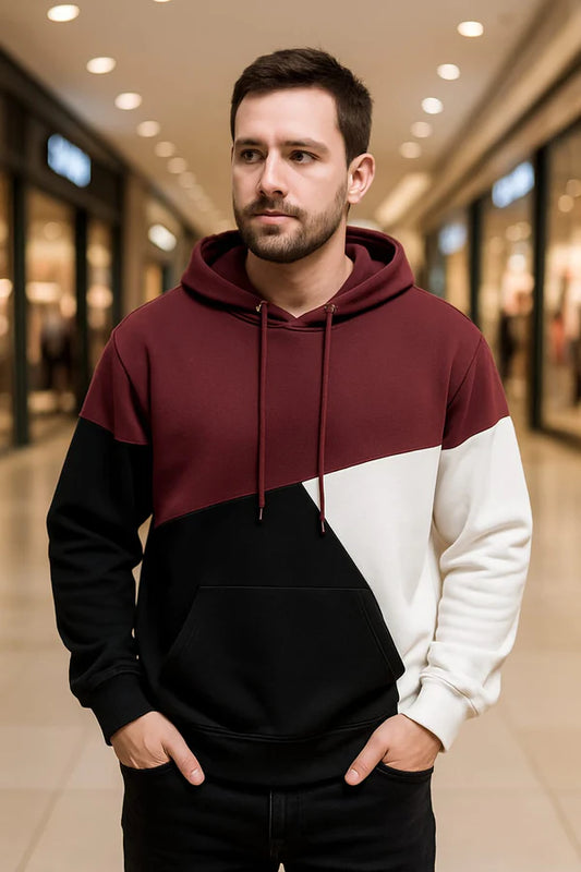 Maroon Black and White Cut and Sew Kangaroo Hoodie