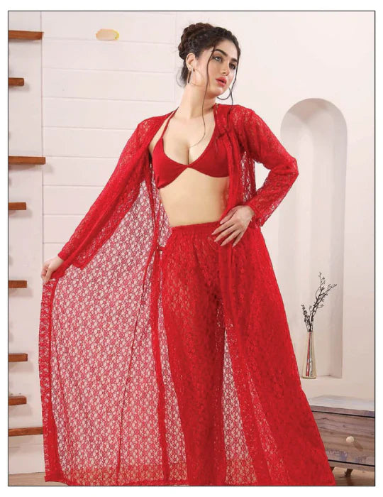 4 Piece Net Nighty Set Red