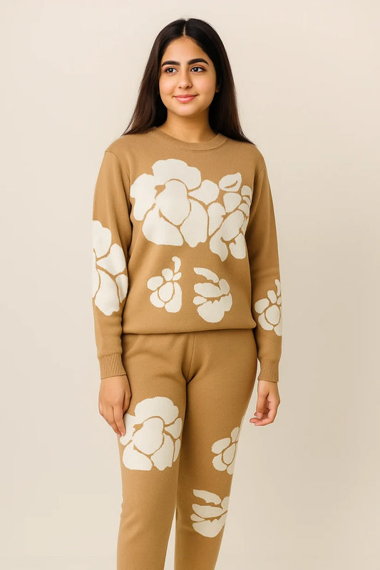Camel Floral Knit Winter Track Suit ...