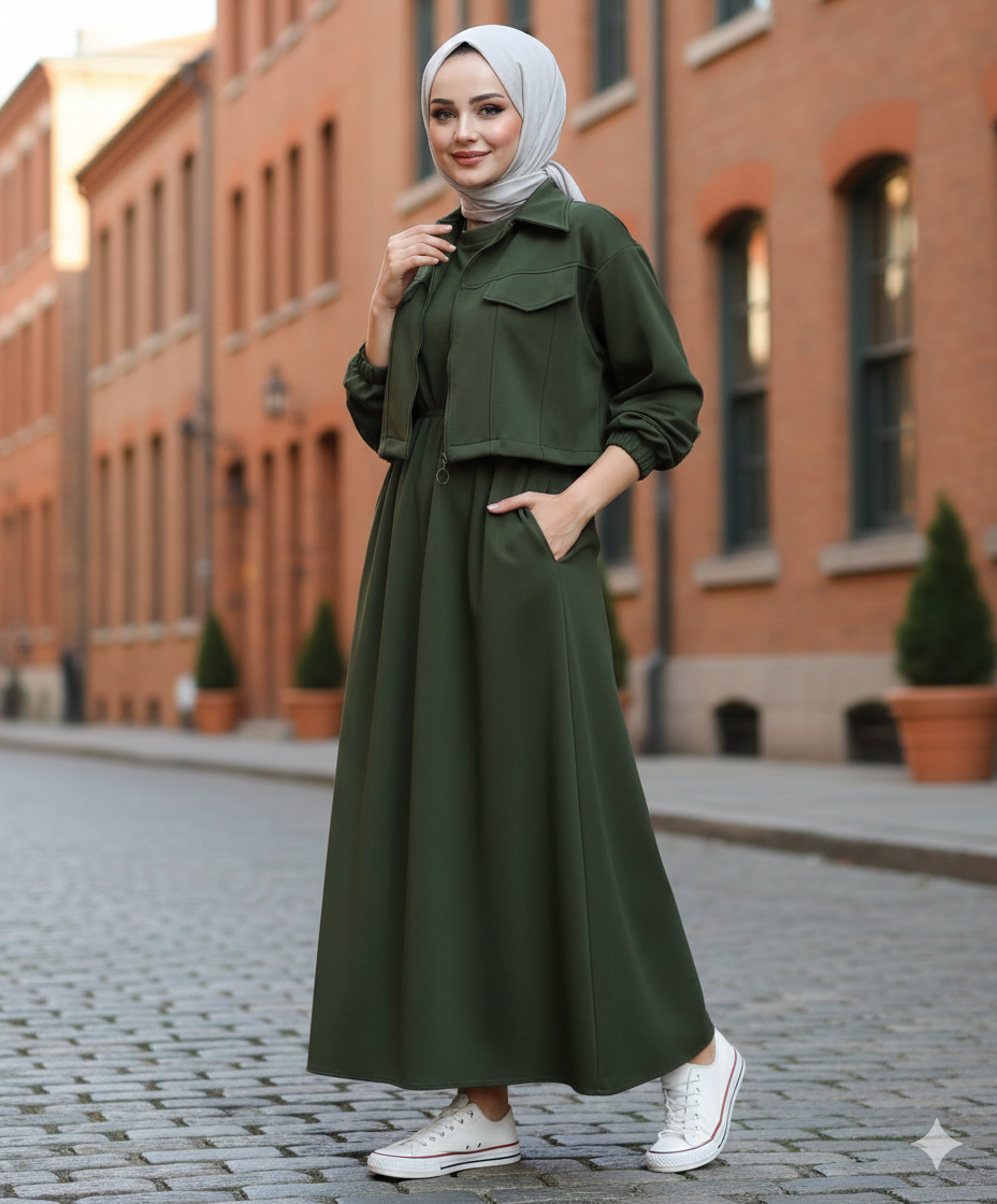2-Piece Zipper Jacket & Long Frock Set -Green