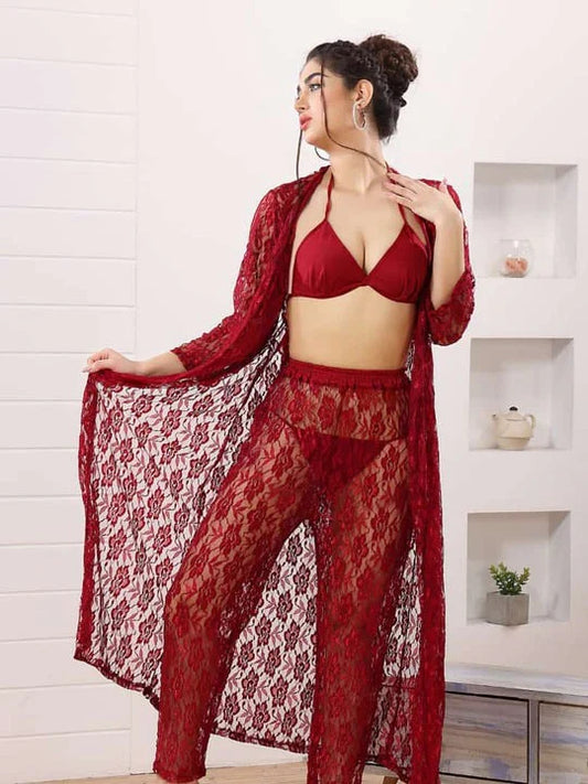 4 Piece Net Nighty Set Maroon