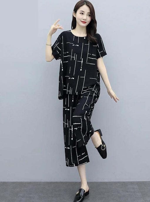 Black Printed Capri Night Suit