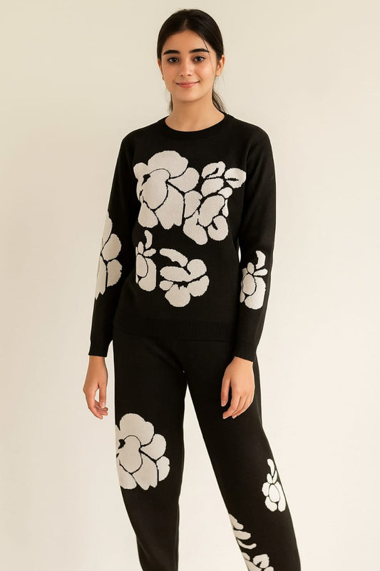 Women's Black Knitwear Set with White Floral Print