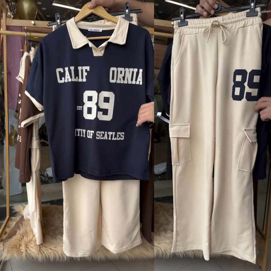 Girls Mart California 89 Two-Piece Casual Set – Blue & Beige