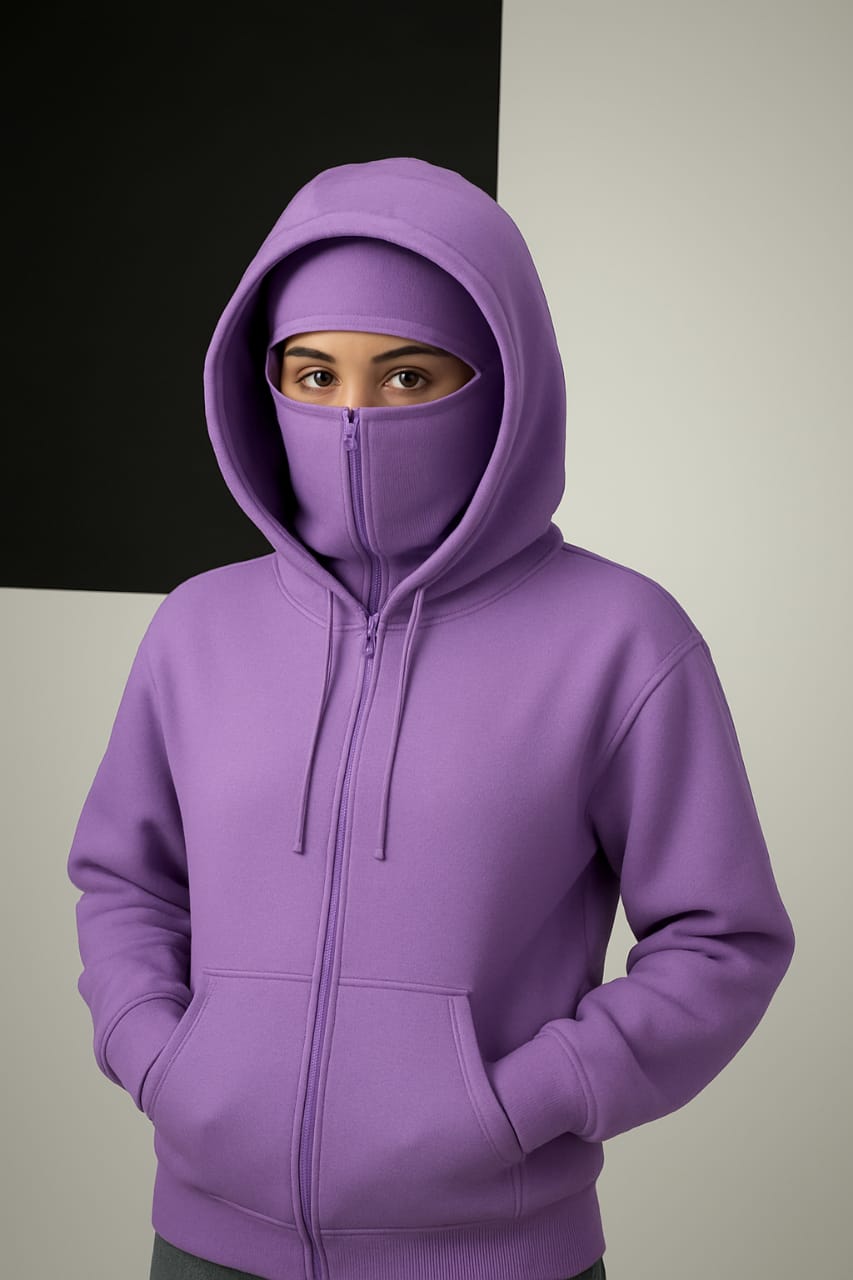 Girl's Full Zipper Ninja Hoodie – Streetwear Masked Pullover Purple Color