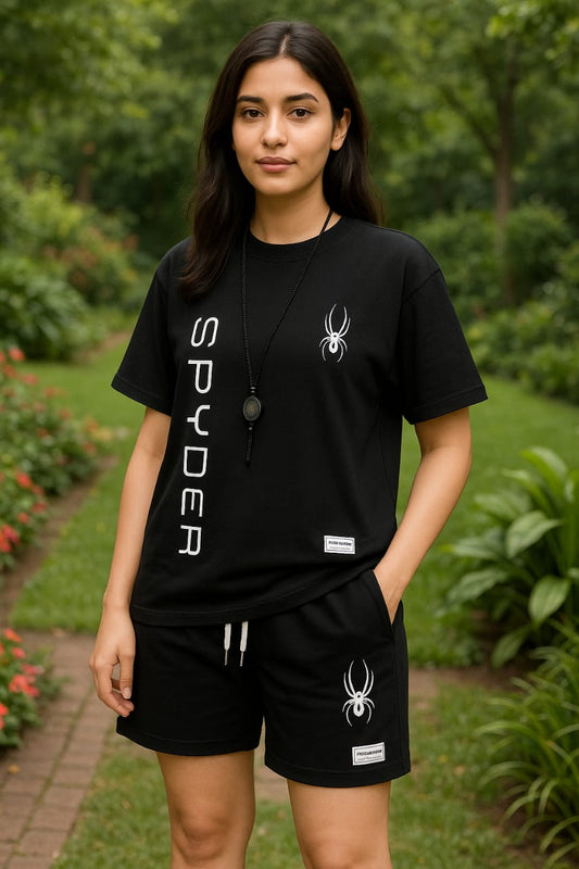 Women  Waffle Fabric T-Shirt & Shorts Set SPYDER Logo Printed | Breathable Casual Sportswear for Summer | Solid Color Athletic Wear | Trendy Activewear & Fashionable Gym-to-Street Clothing _ Black