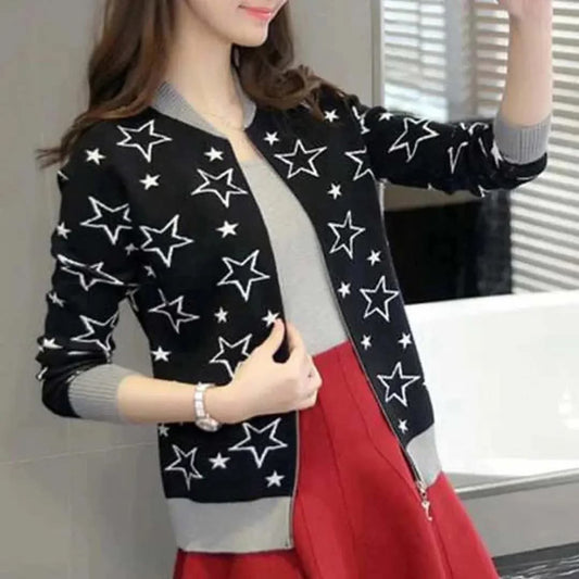 Premium Quality Star Printed Winter Zipper Jacket. Black