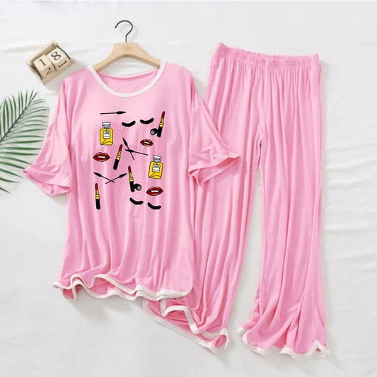 Contrast Tape-Style Logo-Printed 2-Pcs Lounge And Night Wear Suit