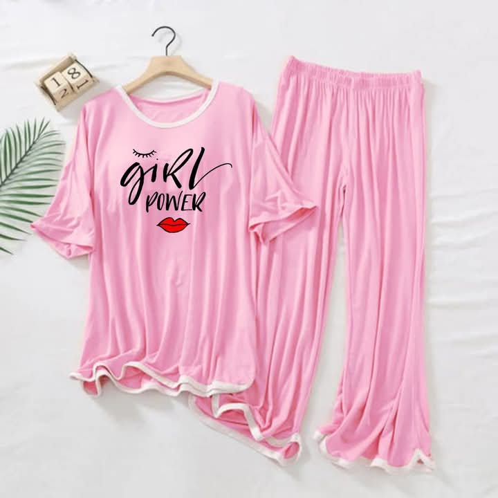 Contrast Tape-Style Logo-Printed 2-Pcs Lounge And Night Wear Suit . Pink Girl Power