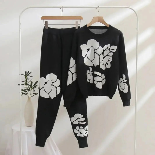 Women's Black Knitwear Set with White Floral Print