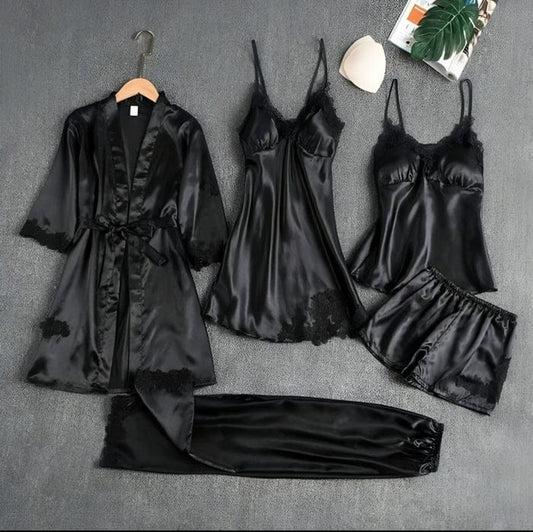 5-Piece Silk Nightwear Set for Women – ... Black