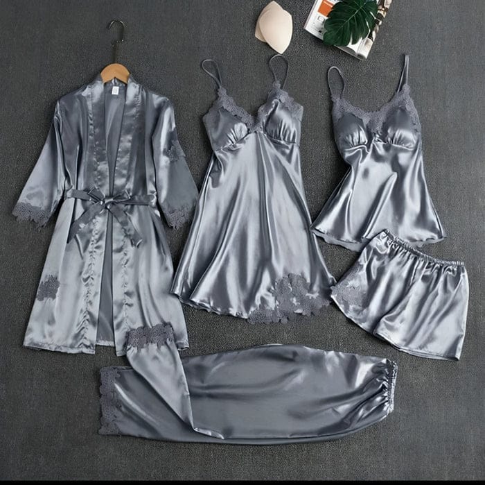 5-Piece Silk Nightwear Set for Women – Light Gray