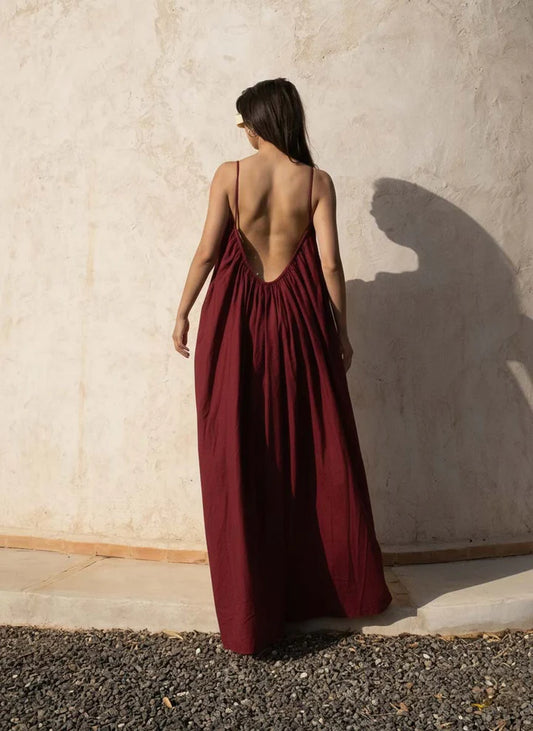 Gathered Maxi Dress With Spaghetti Straps Maroon...