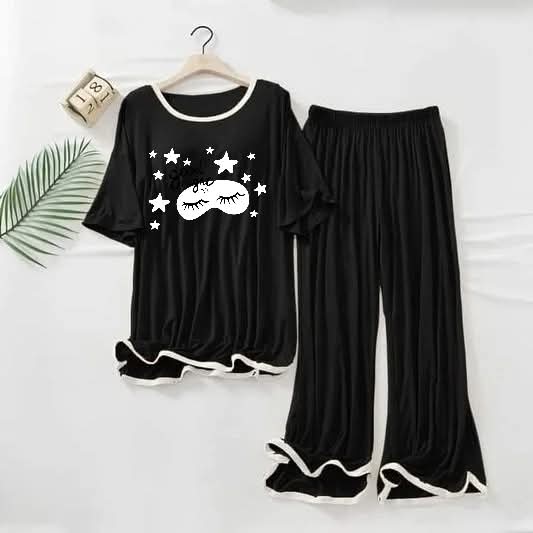 Contrast Tape-Style Logo-Printed 2-Pcs Lounge And Night Wear Suit