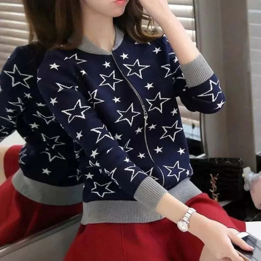 Premium Quality Star Printed Winter Zipper Jacket. Navy Blue