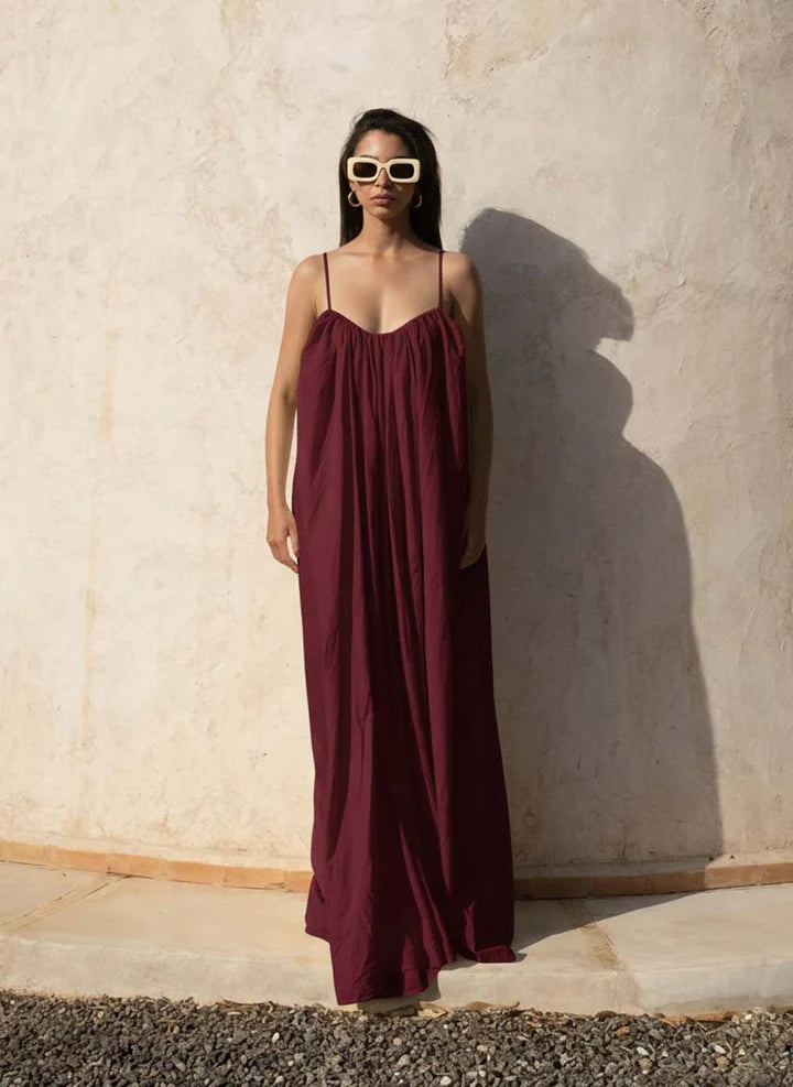 Gathered Maxi Dress With Spaghetti Straps Maroon...