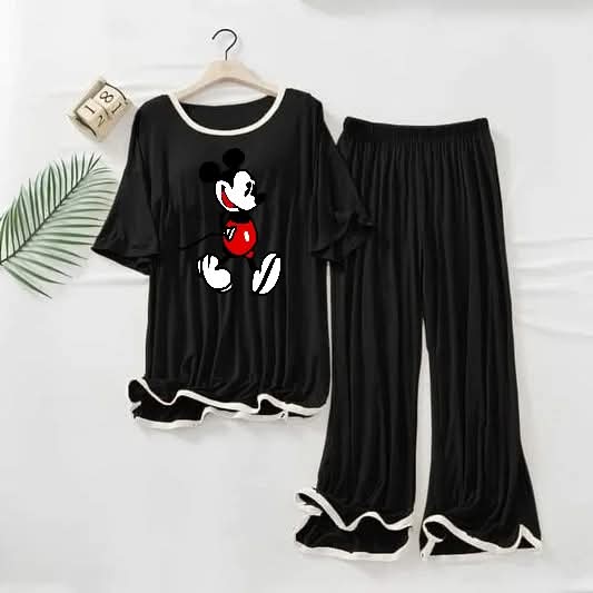Contrast Tape-Style Logo-Printed 2-Pcs Lounge And Night Wear Suit. Mickey Mouse >Black