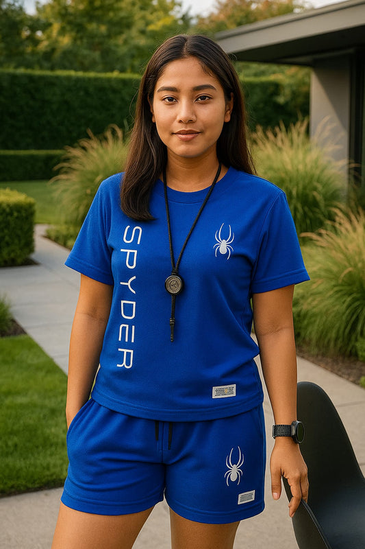Women  Waffle Fabric T-Shirt & Shorts Set SPYDER Logo Printed | Breathable Casual Sportswear for Summer | Solid Color Athletic Wear | Trendy Activewear & Fashionable Gym-to-Street Clothing _ Blue