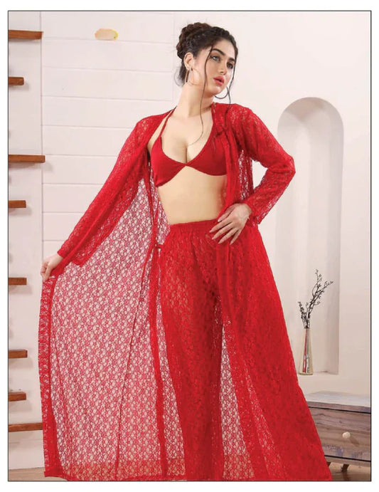 4 Piece Net Nighty Set Red