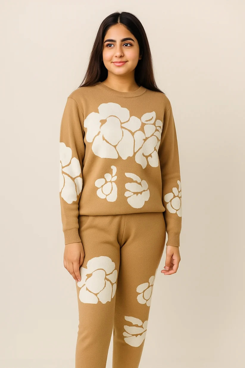 Camel Floral Knit Winter Track Suit ...