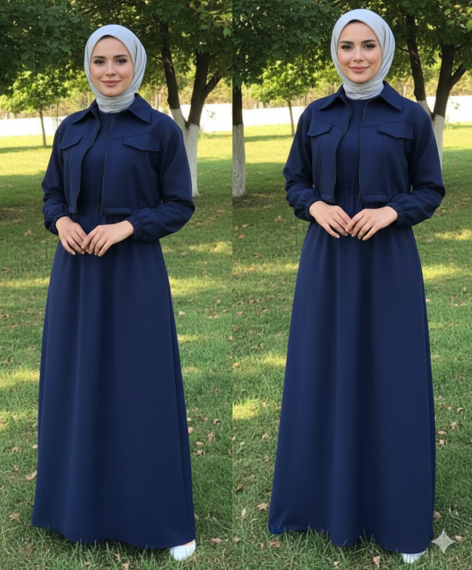 2-Piece Zipper Jacket & Long Frock Set -Blue