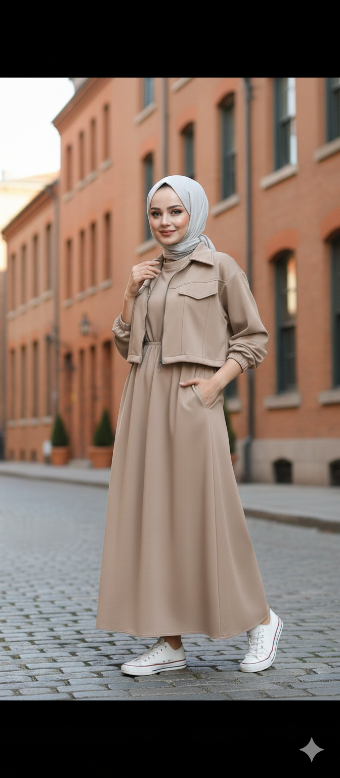 2-Piece Zipper Jacket & Long Frock Set