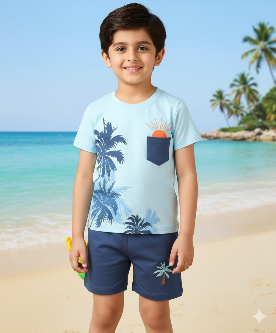 Kids Summer Print T-Shirt & Shorts Set Sun Pocket Print