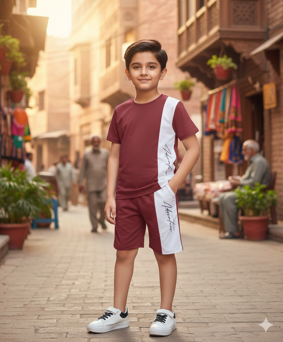 Kids Print T-Shirt & Shorts Set Maroon Penal