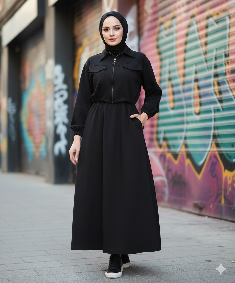 2-Piece Zipper Jacket & Long Frock Set -Black