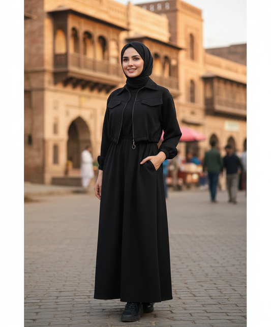 2-Piece Zipper Jacket & Long Frock Set -Black