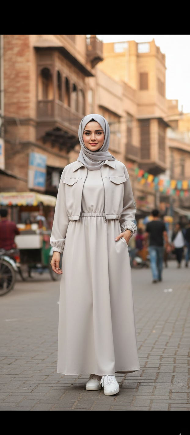 2-Piece Zipper Jacket & Long Frock Set