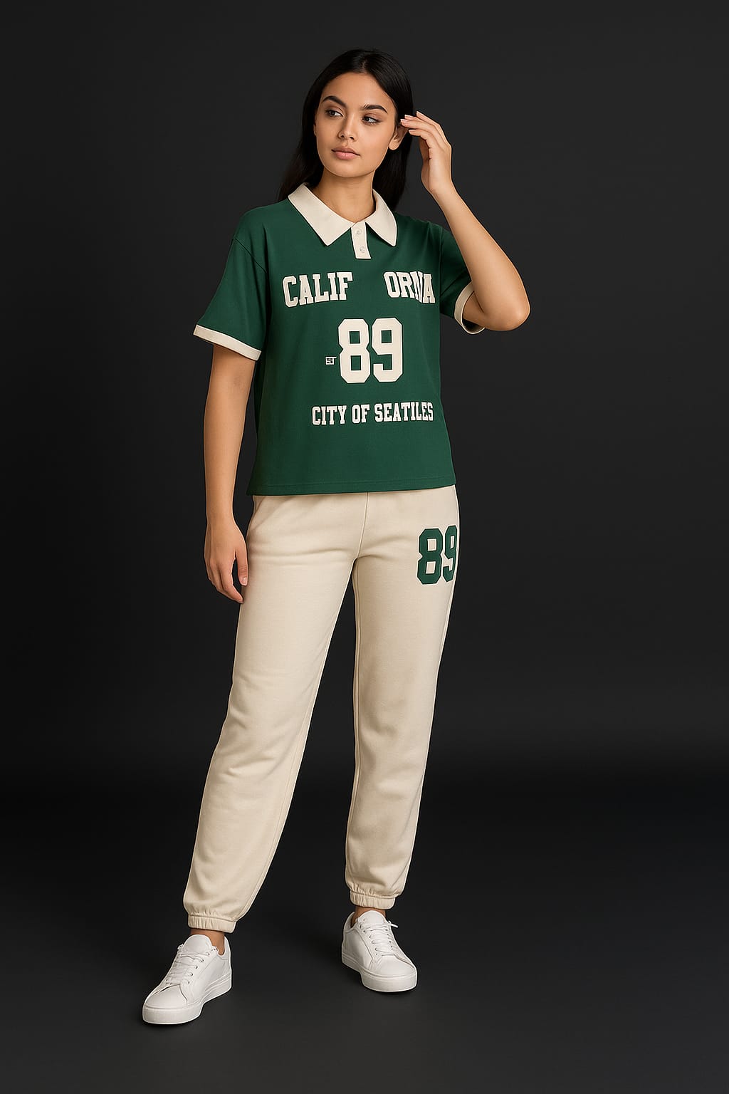 Girls Mart California 89 Two-Piece Casual Set – Green & Beige