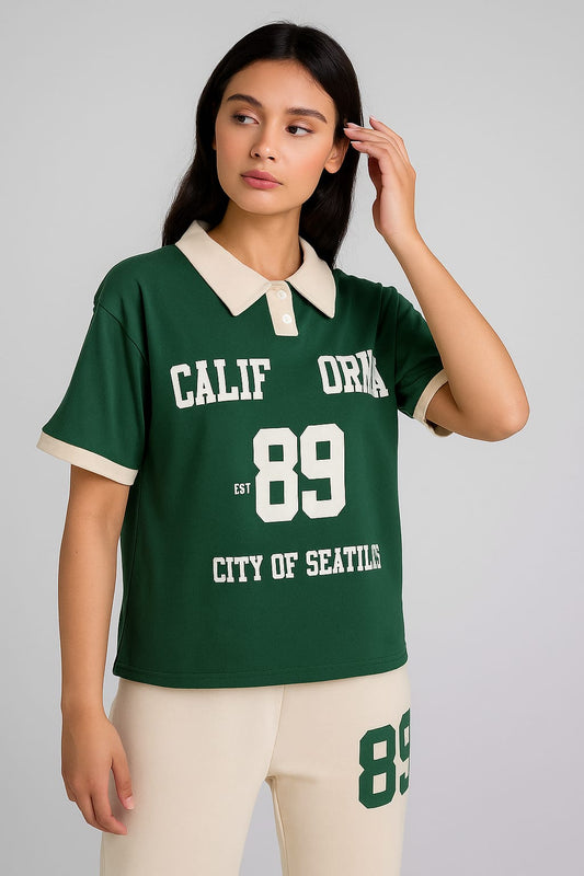 Girls Mart California 89 Two-Piece Casual Set – Green & Beige