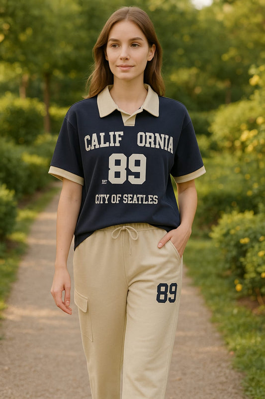 Girls Mart California 89 Two-Piece Casual Set – Blue & Beige