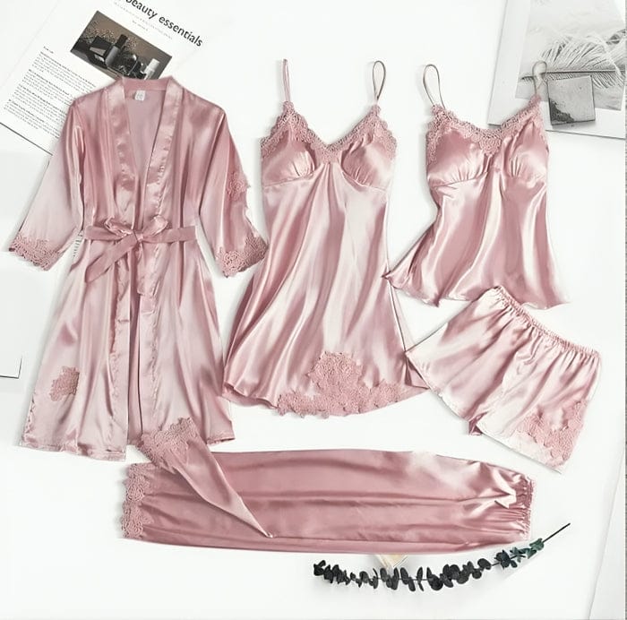 5-Piece Silk Nightwear Set for Women – Blush Pink Elegance