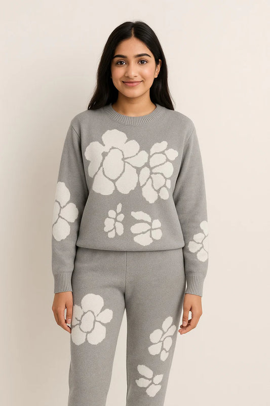 Grey Floral Knit Winter Track Suit ...
