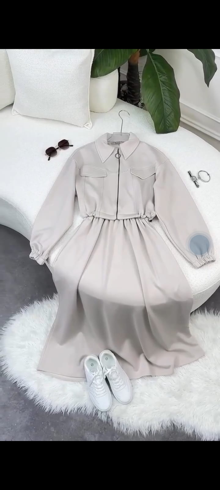 2-Piece Zipper Jacket & Long Frock Set