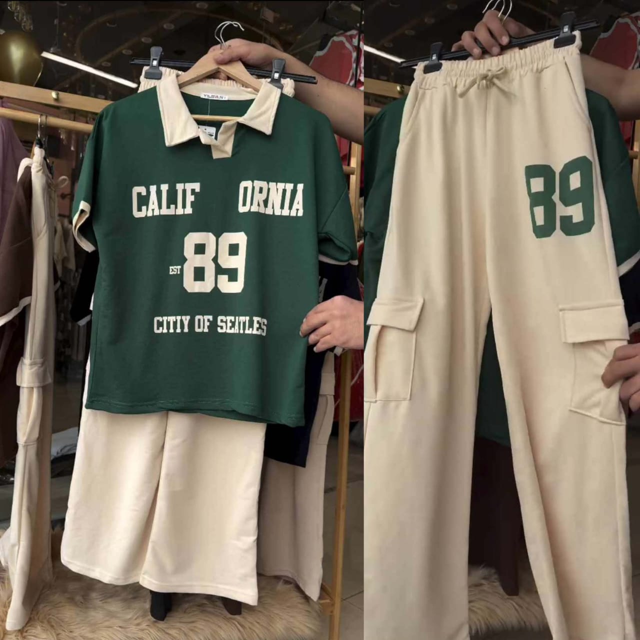 Girls Mart California 89 Two-Piece Casual Set – Green & Beige