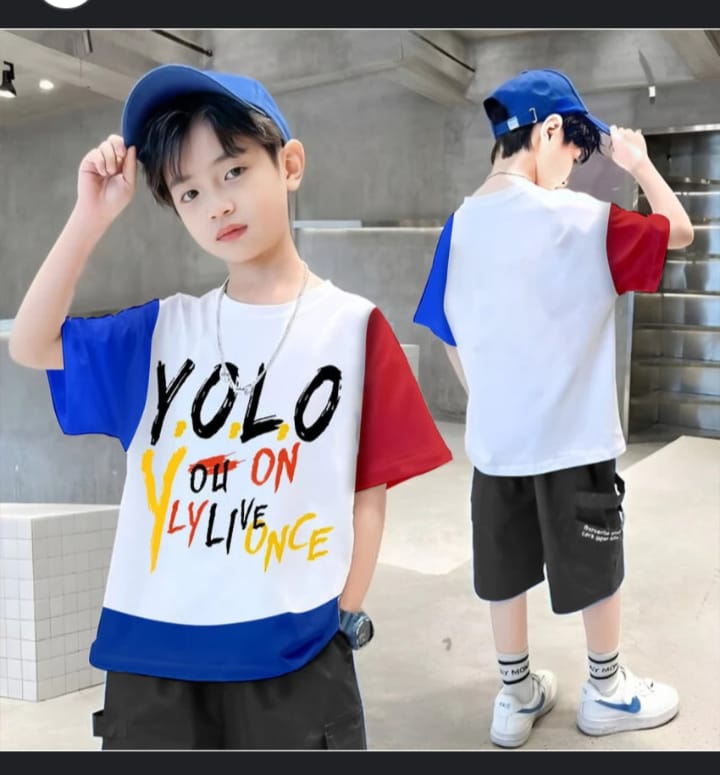 Kids Style Print T-Shirt & Shorts Set Yolo Print (Night Suit)