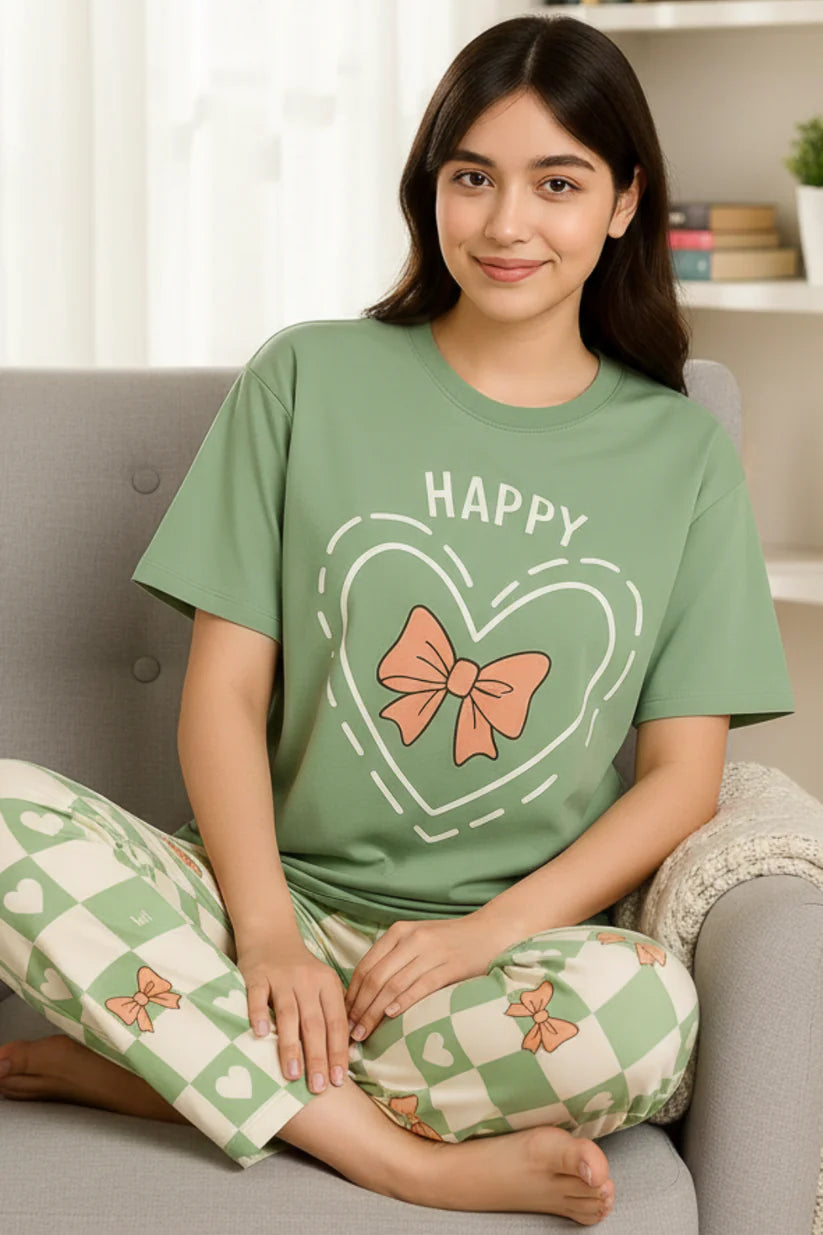 Olive Green Printed Night Suit