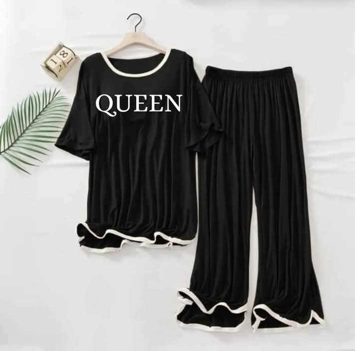 Contrast Tape-Style Logo-Printed 2-Pcs Lounge And Night Wear Suit >Black Queen...