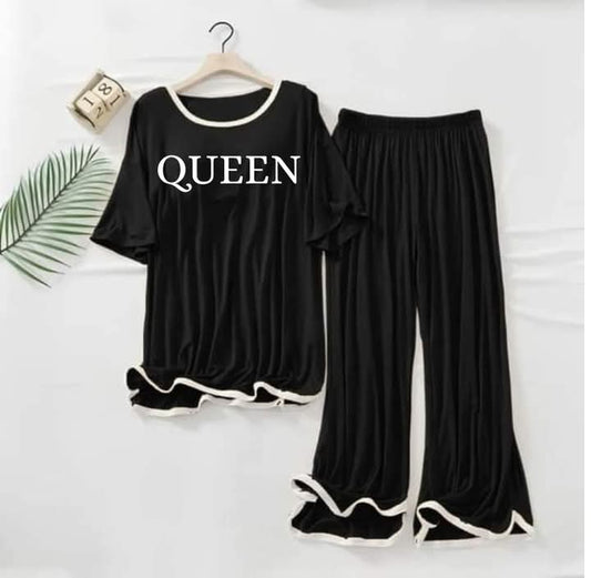 Contrast Tape-Style Logo-Printed 2-Pcs Lounge And Night Wear Suit >Black Queen...