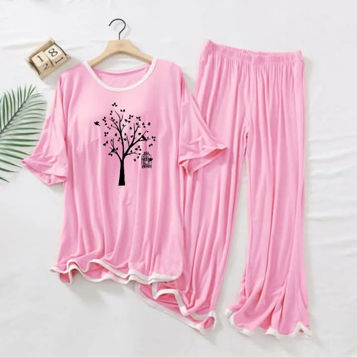 Contrast Tape-Style Logo-Printed 2-Pcs Lounge And Night Wear Suit. Pink Tree