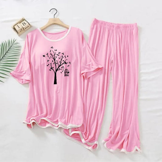 Contrast Tape-Style Logo-Printed 2-Pcs Lounge And Night Wear Suit. Pink Tree