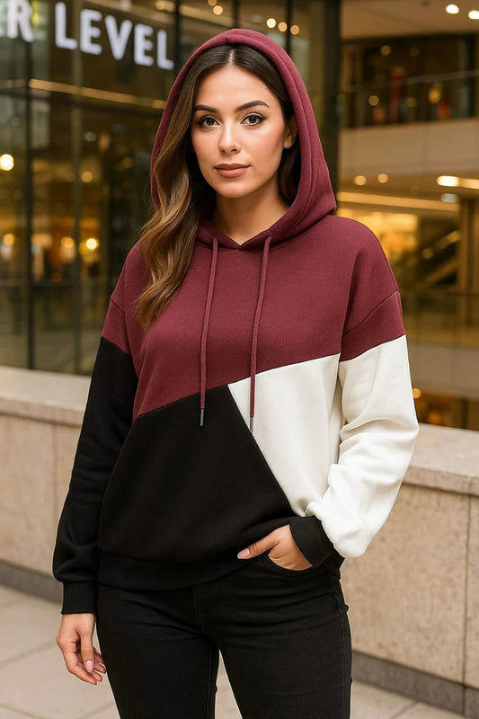 Maroon Black and White Cut and Sew Kangaroo Hoodie