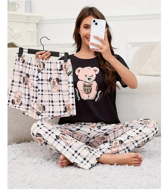 Noise Cotton 3 Piece Printed Night Suit Check Panda